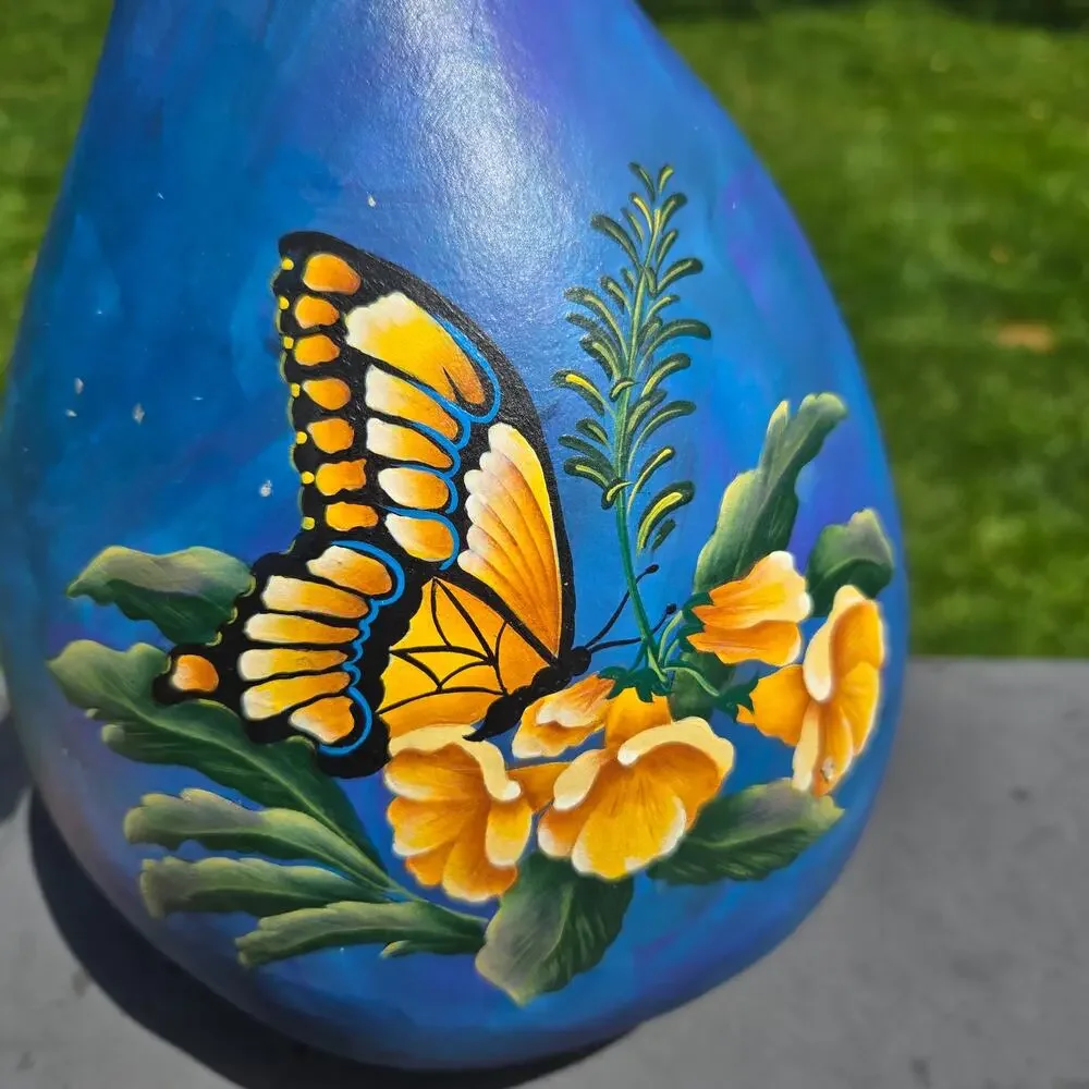 Handpainted Butterfly Hanging Gourd Birdhouse Blue Yellow Green Purple 16